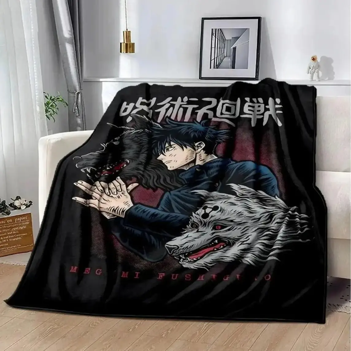 Dark Anime Wolf Spirit Flannel Throw Blanket, Shadow Warrior Graphic Soft Cozy Lightweight Fleece Blanket for Bedroom Couch Gaming Room Gothic Home Decor Gift