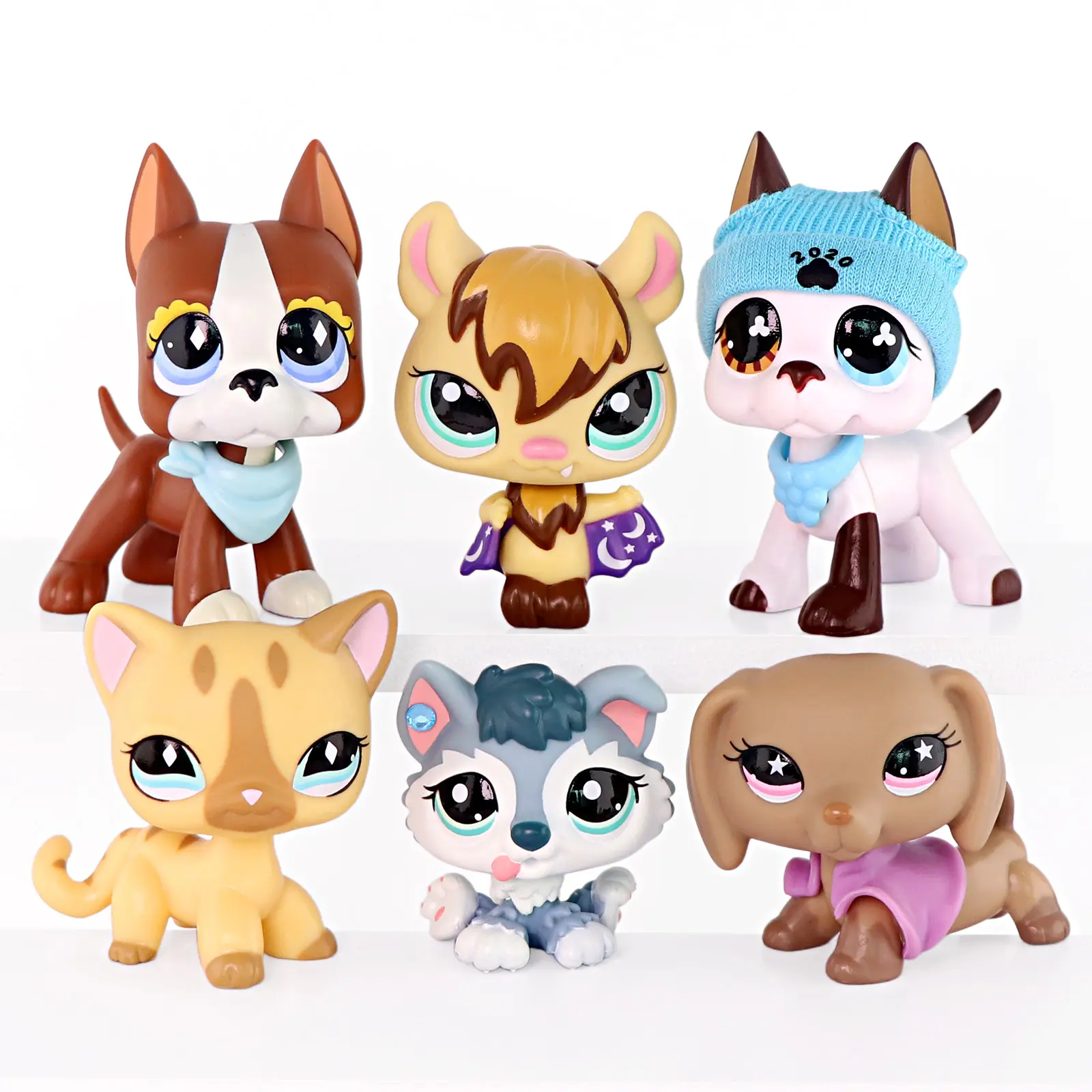 6 Pcs PVC Plastic Cute Big-Eye Kitten & Puppy Mini Figurines, Hand-Dyed with Fade-Resistant Eco Pigment Collectible Dolls with Bandana, Knit Beanie, Cape Accessories, Kids Fantasy Pretend Play Toys (Ages 4+), Cupcake Toppers