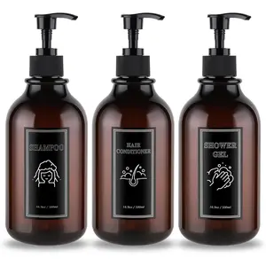 Shampoo and Conditioner Dispenser, Refillable Plastic Shampoo Pump Bottles with  Labels, Empty  Wash Dispenser Set for Bathroom, Shower Soap Bottles (Brown)