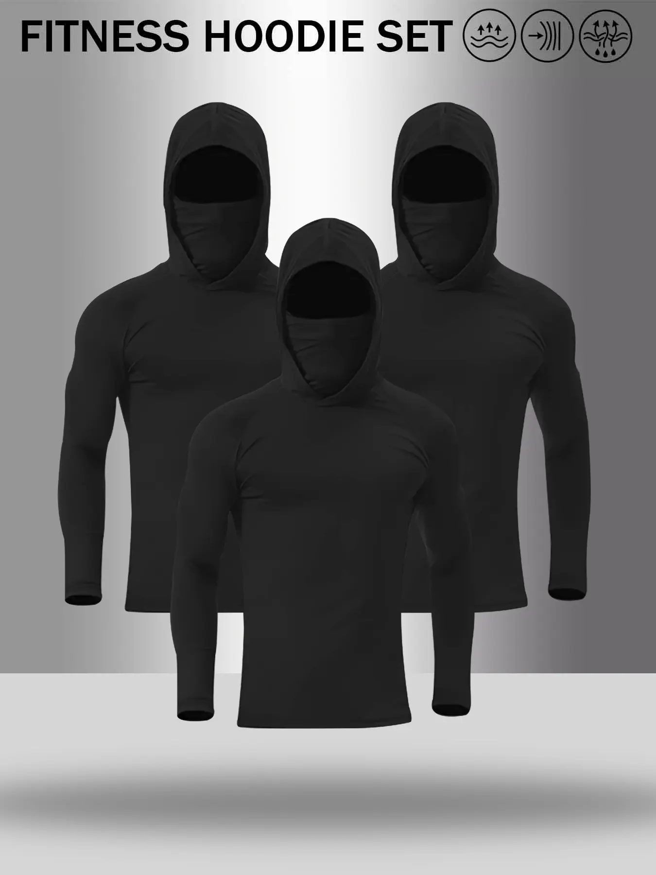 Men's 3-Pack Fitness Hoodie Set with Face Cover, Quick Dry Activewear Long Sleeve Workout Hooded Shirt, Athletic Hoodies, Athletic Sun Protection Top for Gym, Running, Training, Outdoor Sports, Athletic Clothes