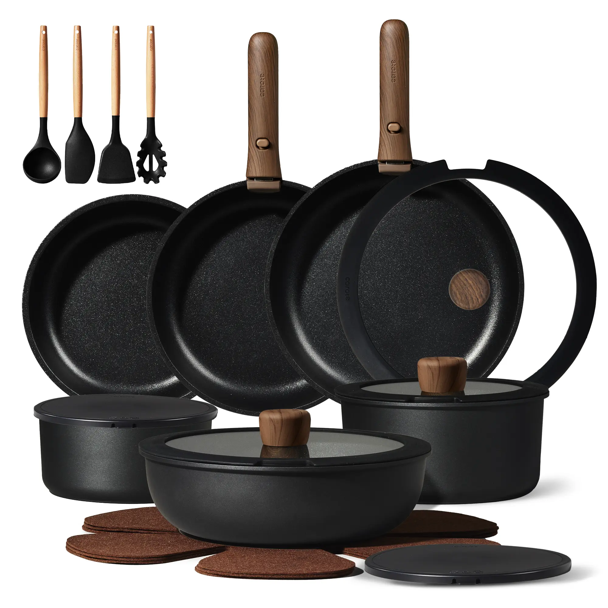 [Official]CAROTE 19/22/26pcs Pots and Pans Non Stick, Wooden Detachable Handle, Cookware Sets Induction Kitchen Pots and Pans,NonStick Cooking Set, Oven/Dishwasher/Fridge Safe, Space Saving
