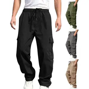 Men'sLooseCargoLongPants,SolidColorDrawstringWaistStraightLegTrousersCasualWorkPantswithPockets