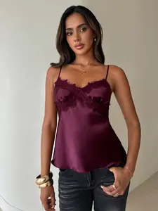 Ladies' camisole, Sleeveless, satin purple lace camisole vest, thin shoulder strap+V heart-shaped collar design, spicy girl style, light mature sexy, French retro/slim fit, suitable for casual, dating, parties, all year round wear, Tops