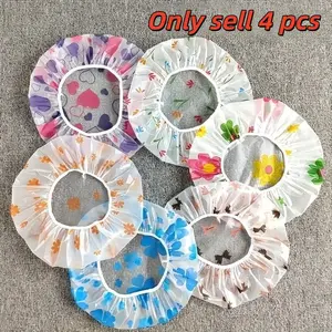 Adjustable Printed Bath Hats, High-Quality Reusable Spa Salon Caps, Shower Cap, Elastic Band Design, Perfect Fit for Women, Set of 4, Bathroom Accessory