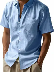 Men's Solid Color Linen Shirt, Regular Fit Casual Short Sleeve Collared Top for Summer, Men's Clothes for Daily Wear, Tropical