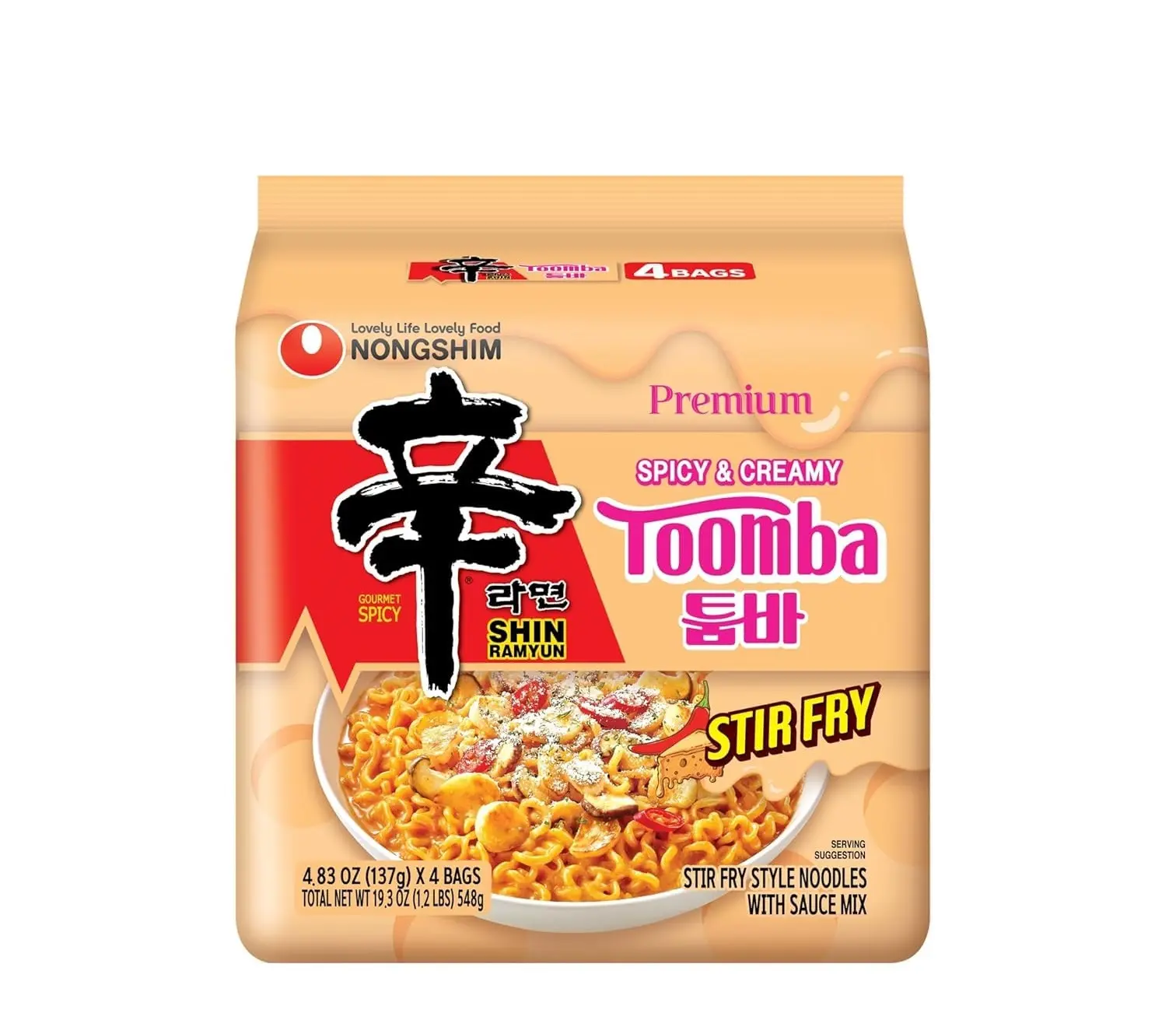Nongshim Ramen Noodles, Gourmet Instant Ramen, Premium Noodle, Spicy Creamy Stir Fry, Shin Toomba, 4.83oz (Pack of 4)