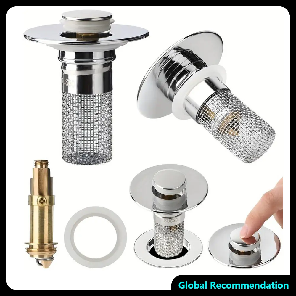 Universal Pop‑Up Bathroom Sink Drain Stopper, Brass Bounce Core with 304 Stainless Steel Filter Basket, Anti‑Clog Hair Catcher Deodorant Sink Plug for Bathroom Vessel Sinks