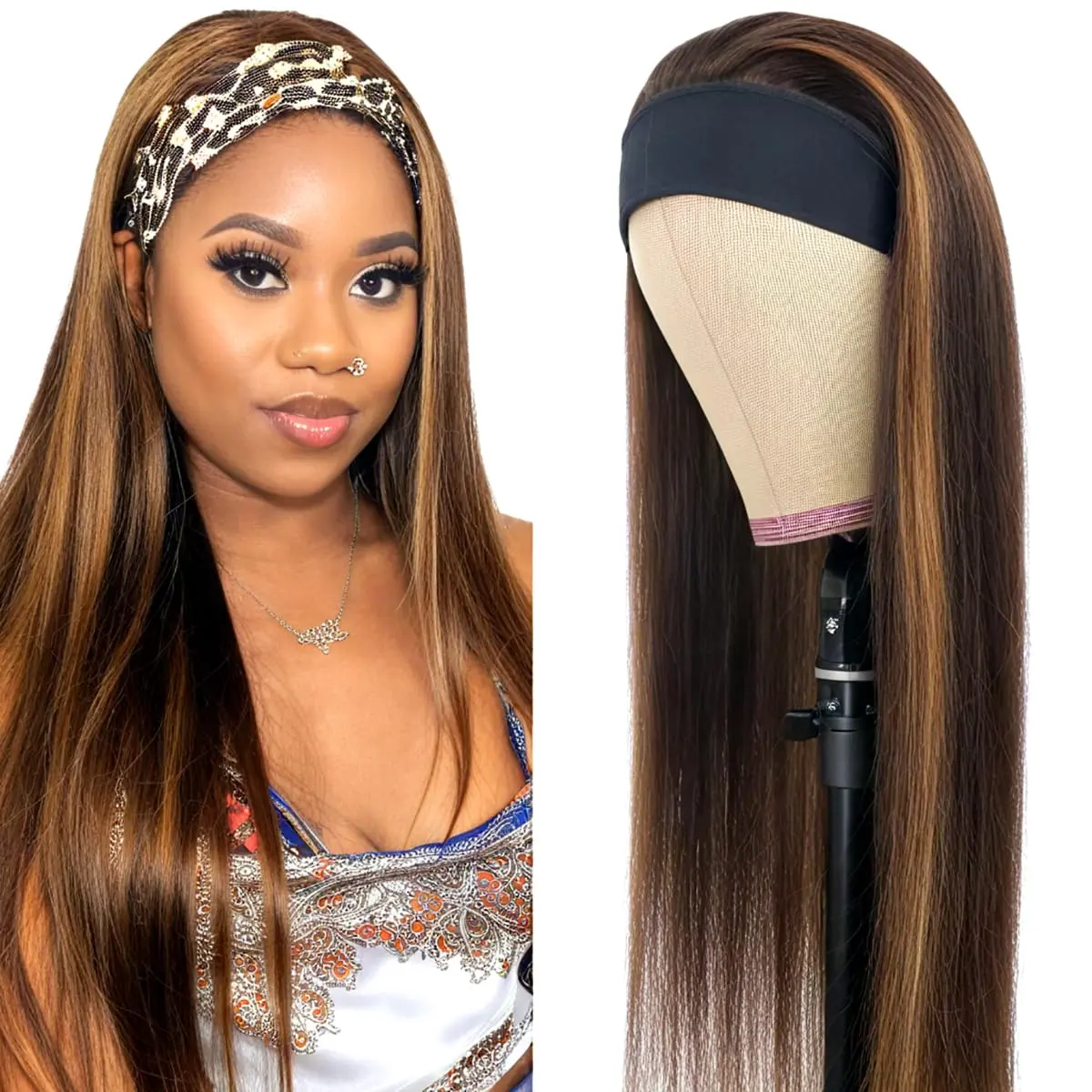Summervibes Highlight Ombre 4/27 Headband Wig Synthetic Hair Straight Headband Wigs for Women None Lace Front Synthetic Hair Wigs  Hair 150% Density 24 Inch Honey Blonde Wig Heat Resistant Wigs