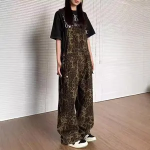 Leopard Print Denim Overalls - Loose Fit with Adjustable Straps