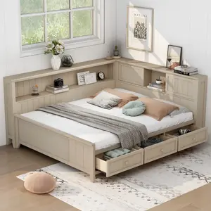 [SOIYELIFE] Full Size Wood Daybed with Storage Shelves and 3 Drawers, Antique White Milk