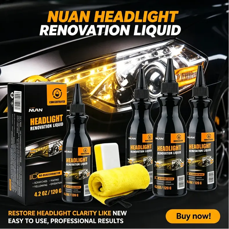 NUAN Car Headlight Restorer Kit - 120g Acrylic Wax Cream, Emulsion, Cut and Polish Compound, Chrome & Metal Polishes for Oxidation, Yellowing, Foggy Lenses; Apply & Buff for Sharp Beams, Smooth Finish