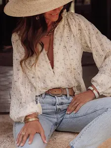 Women's French Country Floral V-Neck Top, Loose Fit, Lantern Sleeve Design, Commuter, Daily Wear, Casual, Versatile Women's Clothing, Blouse, Shirts, Womenswear