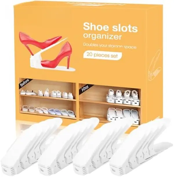 Shoe Slots Organizer, 20 Pack Adjustable Shoe Rack Stacker Storage Space Saver, Double Deck Shoe Rack Holder for Closet Organization (White)