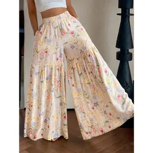 Women's Casual Long Wide-Leg Pants With Vibrant Floral Print, Featuring Pockets, Made Of Comfortable Non-Stretch Fabric Vacation