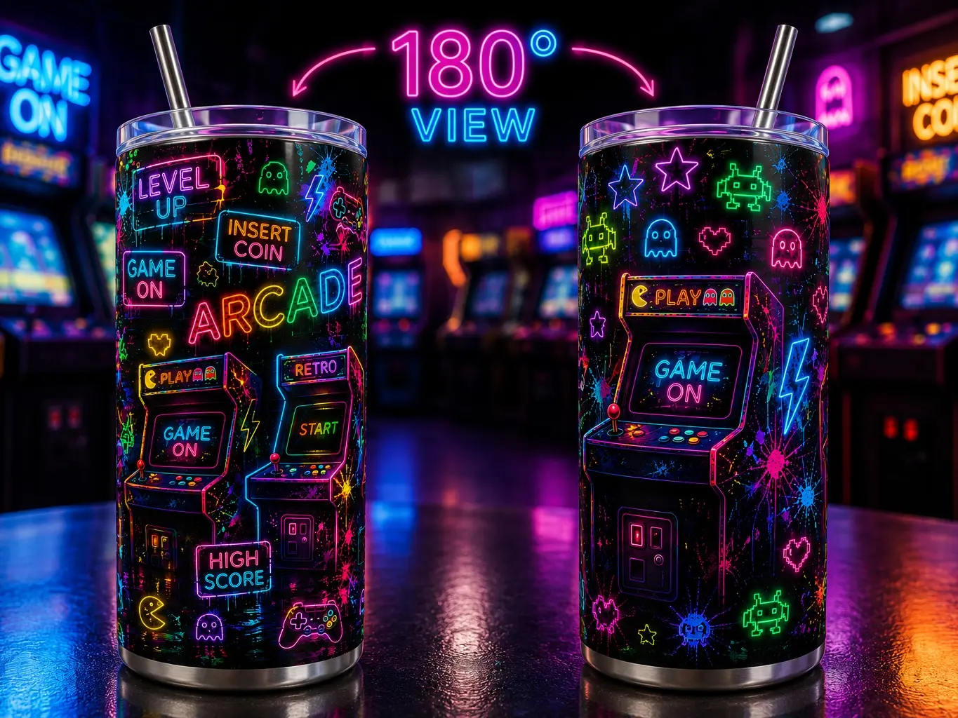 20oz Neon Arcade Tumbler | Retro Gamer Stainless Steel Travel Mug with Straw | Video Game Coffee Cup | Gaming Gift