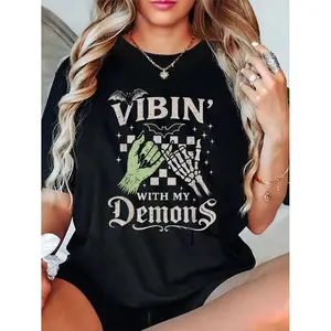 Women's Vibin' With My Demons Graphic T-Shirt Spooky Skeleton Halloween Casual Cotton Short Sleeve Tops for Women S-3XL Crewneck Summer Wear - Womenswear
