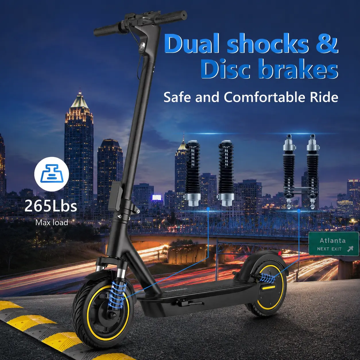Esmax High-Speed Electric Scooter 10-inch solid tires 500W motor with front and rear dual shock absorption, range of 22-30 miles, top speed of 22 mph, dual braking system, LED lights, app control, aluminum alloy frame, Springtok。
