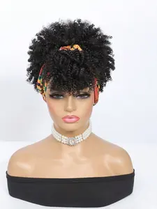Black Headband Wigs For Women Afro Kinky Curly Wig With Synthetic Short Hair Wigs With Headband Attached Headwrap Wigs Kinky Curly Headband Wig