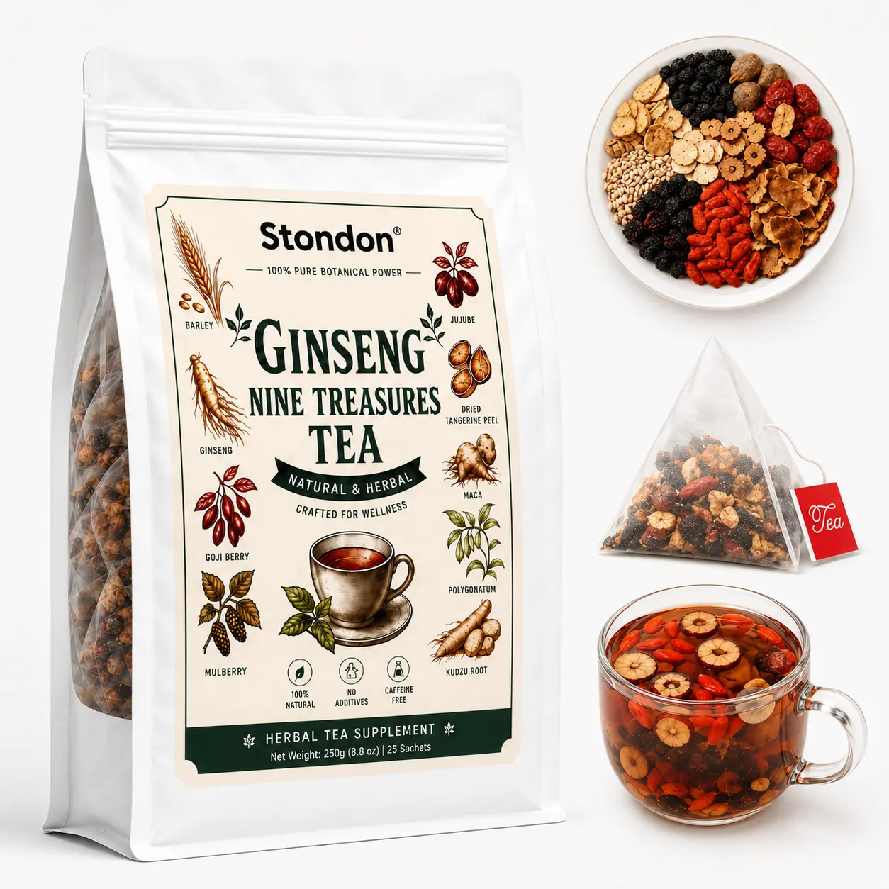 Organic Ginseng 9-Treasures Kidney Tea Bags, Ambient Fruit & Herbal Blend with Red Dates, Natural Chinese Herbal Cleansing Detox Tea for Adults