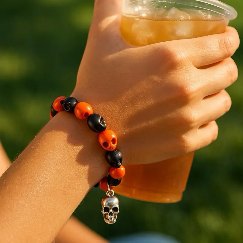Boo in the Sun: A Skull Bracelet for Summer Spirits & Spooky Souls with Orange and Black Beads & Skull Charm spiritual symbol