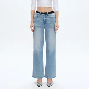 HIGH RISE STRAIGHT LEG JEANS Plain Swiss Blue Denim Fabric Womenswear Bottom Streetwear Trouser Pants Cotton Pocket Basic Fitted Maxi