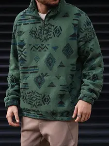 Women's Vintage Geometric Print Polyester Fleece Pullover, Quarter-Zip Collared Neck Design, Loose-Fitting Street Style Top for Fall & Winter