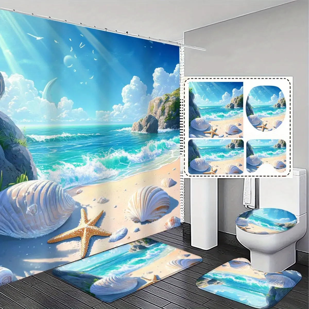 4pcs, Nautical Beach Theme Bathroom Set - 2D FLAT Shower Curtain, Non-Slip Absorbent Rugs, and Toilet Lid Cover Exquisite and Practical Home Decoration Gift., 2D Flat
