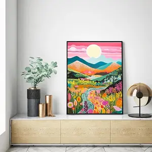 5D Square Drill Diamond Painting Kit, Vibrant Folk Art Mountain Landscape, Colorful Floral Valley with Pink Sunset DIY Wall Decor