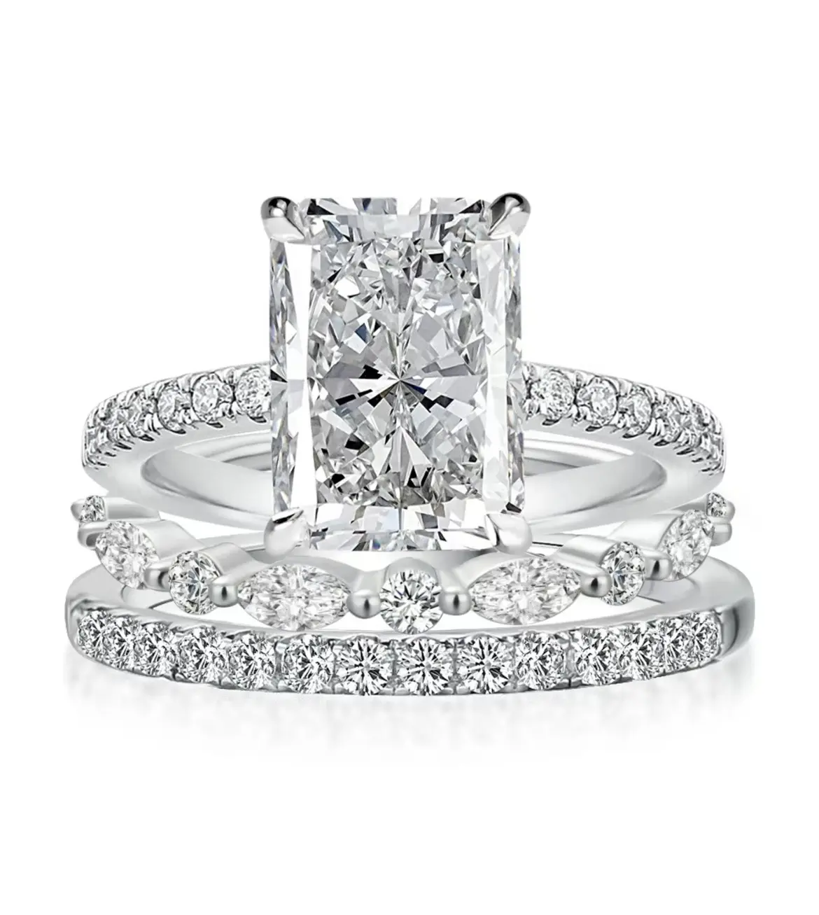 3.5CT Radiant Cut Cubic Zirconia 3Pcs White Gold Plated Stackable Ring Set, Daily Layered Fashion Jewelry for Women