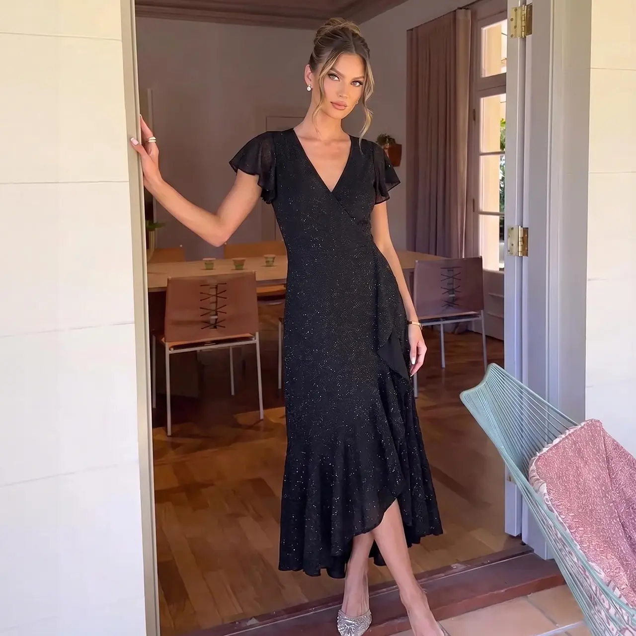 Women Black Sparkly Wrap Maxi Dress V Neck Flutter Sleeve Irregular Ruffle Hem Evening Party Dress LE-LQ018