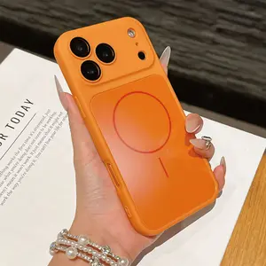 Magnetic Contrast Color Case For iPhone 17Pro Max 16Pro 15 14 13 Pro Max 16Plus Phone Case (Compatible with Magsafe) Built-in Camera Protector Cover Anti-Shock Protective Cases (for iPhone 16 Pro Max Orange)