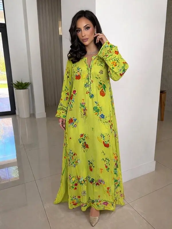 Yellow Floral Kaftan Maxi Dress