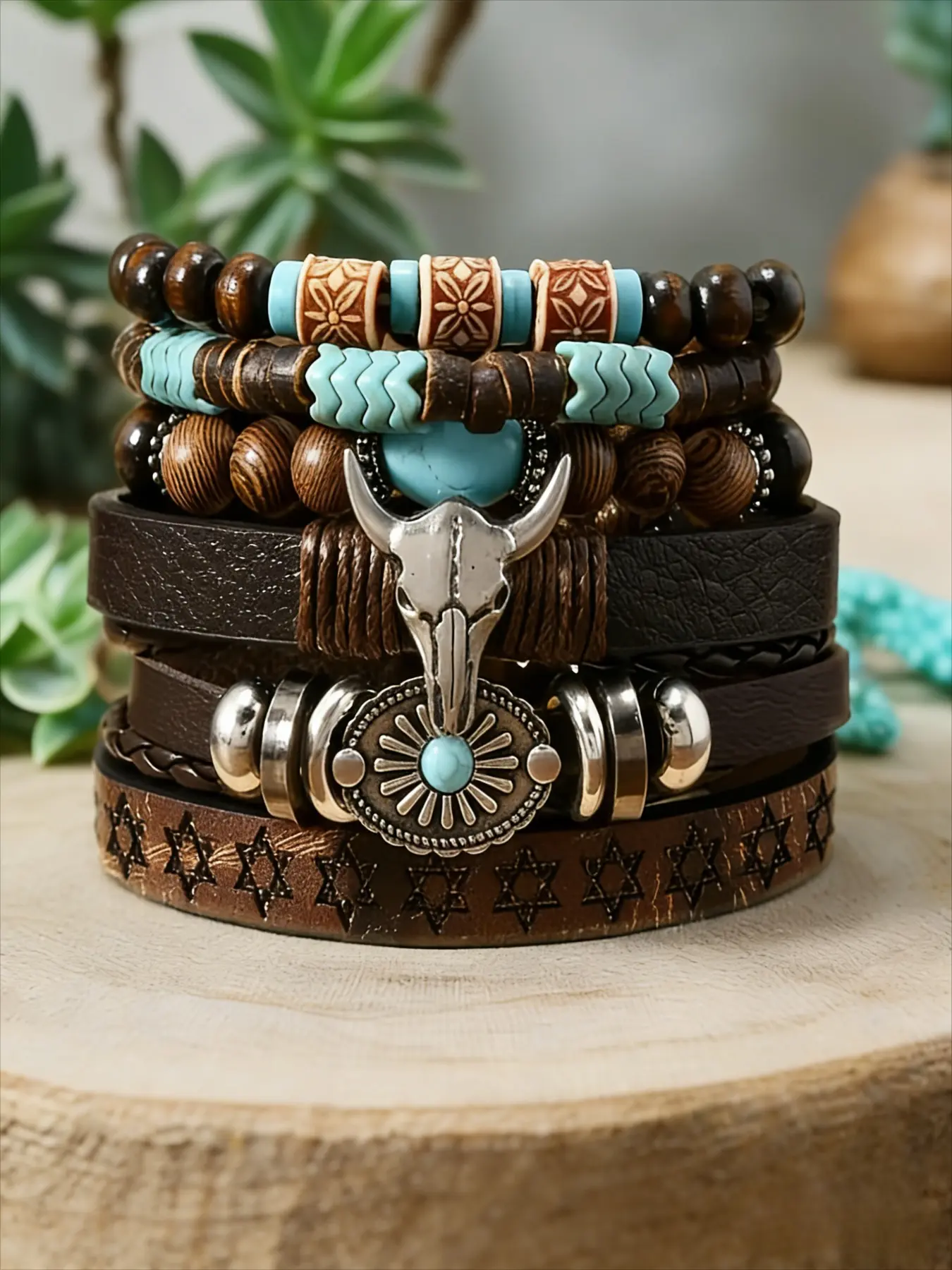 6-Piece Brown Classic Bull's Head Sunflower Bracelet Set, stackable and adjustable, Perfect for parties, Western-themed events, music festivals, the ideal gift for friends, Stackable Bracelets, Bracelets Stacking