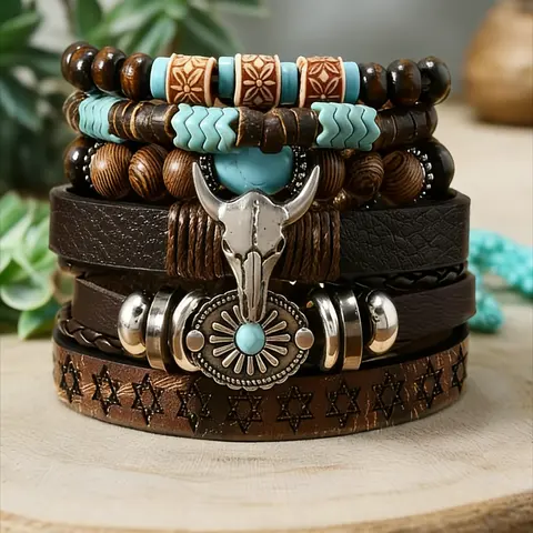 6-Piece Brown Classic Bull's Head and Sunflower Bracelet Bundle Set, Adjustable and Bracelets, Perfect for Parties, Western-Themed Events and Music Festivals, Ideal Gift for Friends