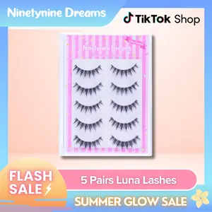 Ninetynine Dreams 5 Pairs Luna Lashes | Lightweight Soft Semi-Dramatic Strip Lashes, Ultra-Thin Transparent Clear Band Daily False Eyelashes Strips 9-13mm C Curl — Reusable Spiky Wispy Anime Manhua Style, Beginner Friendly Must-Have Makeup Essential