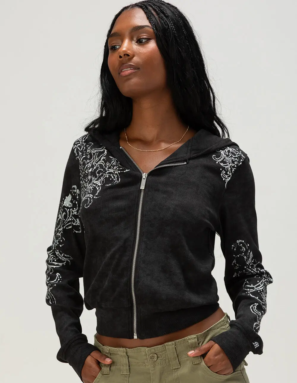 MISS ME Rhinestone Womens Fitted Zip-Up Hoodie