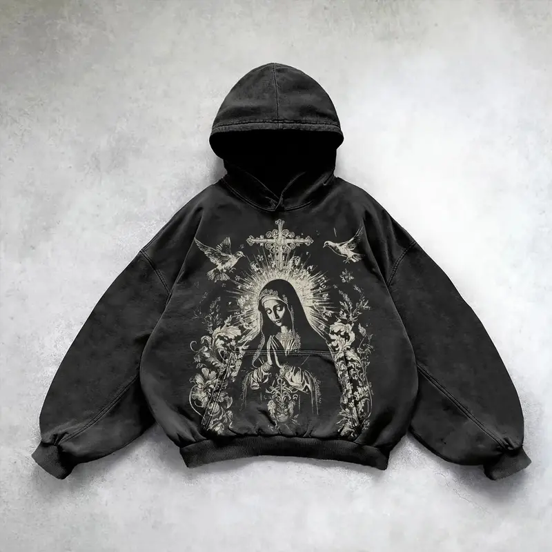 Virgin Mary Praying Vintage Washed Oversized Hoodie Premium Heavyweight Oversized Streetwear Hoodie  Retro Y2K Heavy Cotton Hoodie for Men and Women