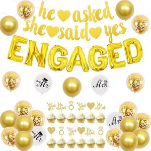 1Set Gold Engagement Decorations  He Asked She Said Yes Banner Diamond Ring Heart Shaped Cupcake Toppers Mr Mrs Balloons White and Gold Balloons for Engagement Party Bridal Shower Decorations