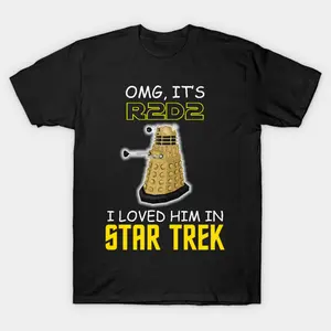 Funny Dalek OMG It's R2D2 Star Trek Parody Black T-Shirt,Unisex crew neck short sleeve tee for sci-fi movie fans,Classic loose fit streetwear outfit for men, women and teens