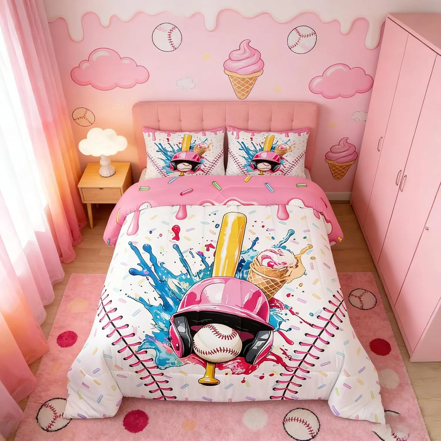 Ice Cream Drip Baseball Comforter Set,Baseball Ice Cream Theme Bedding Set,Sports Gaming Down Comforter for All Season Room Decor,,No Sheets