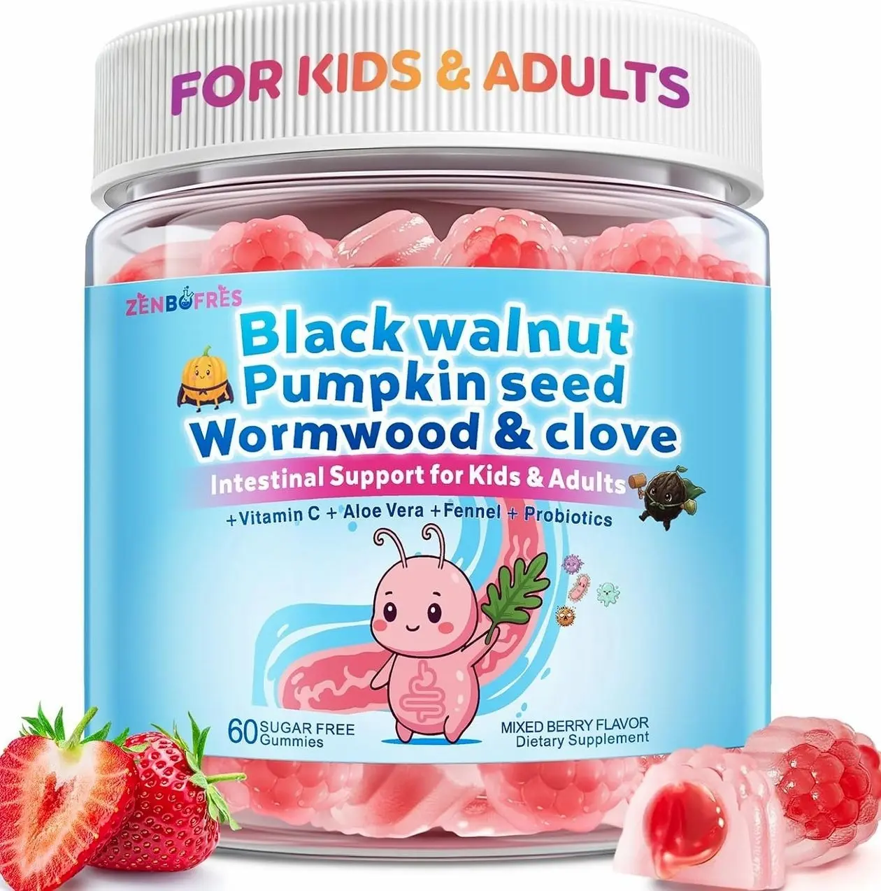 Wormwood Black Walnut Clove Para Clean for Humans & Kids, Herbal Gut Health Gummies with Wormwood, Pumpkin Seeds, Vitamin C, D3, Zinc, Probiotics for Natural Gut Cleanse, Immune Support - 60 Gummies
