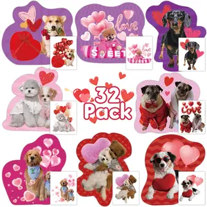 32 Pack Valentines Card for Classroom, Pet Dogs Valentines Cards with Tattoos Envelopes, Happy Valentine Cards for School, Party Exchange Favors Gifts for Boys Girls