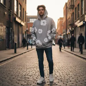 Cotton Denim Hoodie with Floral Print - Street Fashion Sweatshirt for Men and Women, Comfortable Jumper with Hoop Design, Black and White Floral Pattern, Perfect for Casual Wear and Daily RotationKakX