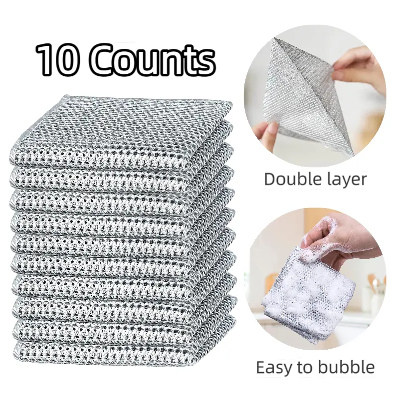 10-Count Durable Non-Scratch Multipurpose Wire Dishcloths, Reusable Washable Silver Cleaning Cloths for Kitchen Sinks, Pans (Wet & Dry Use)