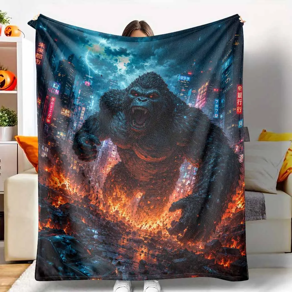 Giant Gorilla Flannel Blanket Neon City Print Ultra Soft Cozy Warm Lightweight Plush Fade Resistant for Sofa Bed Couch Movie Nights Camping Travel Gifts
