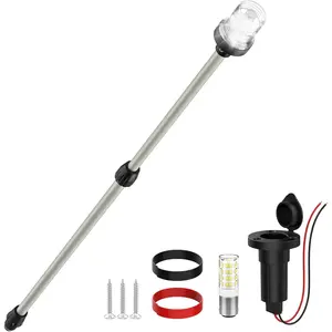 26"–48" Telescoping Pole Boat Anchor Light with Base, 12-24V Silver LED Marine Navigation Lights for Pontoon, Fishing, Bass & Jon Boats