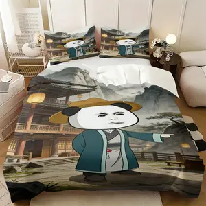 2/3pcs Ancient Chinese Meme Panda Duvet Cover Set, Funny Asian Style Comforter Cover, Soft Microfiber Bedding Set (No Filler), Vintage Chinese Landscape Printed Bed Set for Anime Fans, Dorm & Asian Themed Bedroom Decor