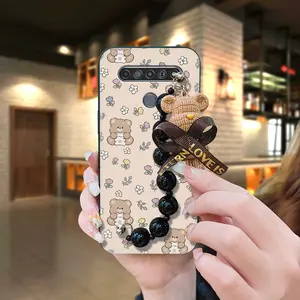 soft case phone case Phone Case For LG Stylo6 Bear bracelet Simplicity cute Back Cover Anti-knock Cartoon Black pearl pendant silicone Skin-friendly feel Waterproof Dirt-resistant