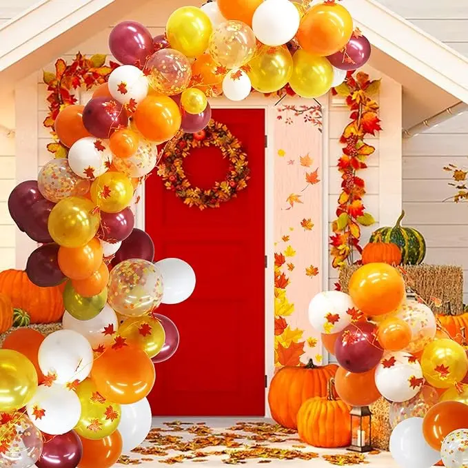 110PCS Fall Balloons Garland Arch Kit -Orange Gold Burgundy White Confetti Balloons with Maple Leaves for Thanksgiving Autumn Pumpkin Baby Shower Birthday Party Decor Thick