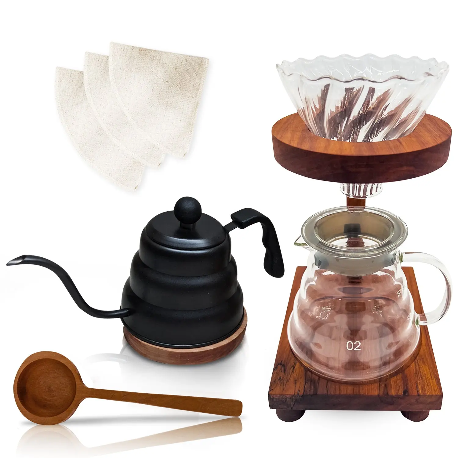 Wood Coffee Pour Over Coffee Maker Set – Premium Wooden Handcrafted Drip Coffee Maker Pour Over – Portable Design - Ultimate Brewing Experience – Coffee Pour Over Set – Made in the USA (Complete Set)